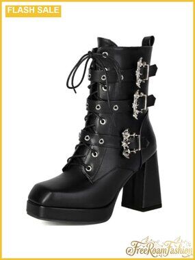 Platform Combat Boots Women Chunky High Heeled Ankle Boot PU Leather LT-175